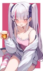 Rule 34 | 1girl, absurdres, alcohol, bare shoulders, blunt bangs, blush, breasts, camisole, collarbone, cup, drinking glass, drunk, grey hair, hair ornament, hair ribbon, highres, holding, holding cup, indie virtual youtuber, jacket, leg warmers, long hair, long sleeves, looking at viewer, mole, mole under eye, multicolored hair, off shoulder, open clothes, open mouth, pink camisole, pink shorts, purple ribbon, red eyes, red hair, ribbon, short shorts, shorts, sidelocks, sitting, slippers, small breasts, smile, socks, solo, squallea, streaked hair, striped clothes, striped socks, twintails, very long hair, virtual youtuber, watermark, whiskey, white jacket, x hair ornament, yokozuwari