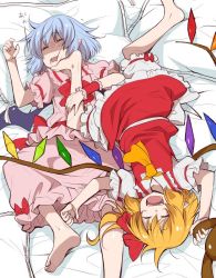 Rule 34 | 2girls, :d, ^ ^, arm garter, ascot, barefoot, bat wings, bloomers, blue hair, bow, bowtie, closed eyes, crystal, drooling, eichi yuu, flandre scarlet, foot on another&#039;s face, frilled shirt collar, frills, hair ribbon, holding, holding stuffed toy, lying, multiple girls, no headwear, on back, on bed, open mouth, pink shirt, pink skirt, pointy ears, puffy short sleeves, puffy sleeves, red bow, red bowtie, red ribbon, red shirt, red skirt, remilia scarlet, ribbon, sash, shaded face, shirt, short hair, short sleeves, siblings, side ponytail, sisters, skirt, skirt set, sleeping, smile, stuffed animal, stuffed toy, touhou, underwear, upside-down, wings
