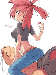 Rule 34 | 00s, 1girl, ario, ass, back, blush, breasts, character name, creatures (company), crop top, denim, female focus, flannery (pokemon), game freak, gen 3 pokemon, gym leader, holding, holding poke ball, jeans, looking back, medium breasts, midriff, nintendo, pants, poke ball, poke ball (basic), pokemon, pokemon (creature), pokemon rse, red eyes, red hair, sexually suggestive, sitting, sketch, sweat, sweatdrop, text focus, torkoal, translated, turtle, white background