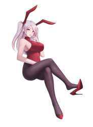 Rule 34 | 1girl, absurdres, alternate costume, animal ears, armpits, azur lane, bad id, bad pixiv id, black pantyhose, breasts, covered navel, crossed legs, fake animal ears, finger to mouth, full body, hc (user tem2272), high heels, highres, invisible chair, large breasts, leotard, long hair, looking at viewer, mole, mole on breast, multicolored hair, orange eyes, pantyhose, playboy bunny, prinz eugen (azur lane), pumps, rabbit ears, red footwear, red hair, shoes, sideboob, silver hair, simple background, sitting, sleeveless, solo, stiletto heels, twintails, two-tone hair, two side up, white background