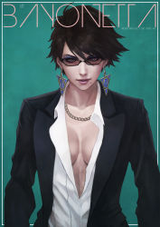 Rule 34 | 1girl, absurdres, bayonetta, bayonetta (series), bayonetta 2, black hair, breasts, chain, chain necklace, cleavage, earrings, formal, glasses, green background, highres, jewelry, looking at viewer, makeup, monori rogue, necklace, no bra, open clothes, short hair, simple background, solo, suit, sunglasses