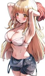 Rule 34 | 1girl, absurdres, armpits, arms up, bang dream!, blonde hair, blunt bangs, blunt ends, blush, breasts, brown eyes, cleavage, collarbone, cowboy shot, highres, long hair, looking at viewer, medium breasts, navel, open mouth, overalls, overalls aside, red shirt, sak (lemondisk), shirt, sidelocks, simple background, standing, striped clothes, striped shirt, sweat, thighs, tsurumaki kokoro, undressing, upper body, white background