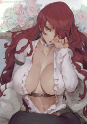 Rule 34 | 1girl, areola slip, belt, biting hand, breasts, breasts apart, choker, cleavage, collarbone, covered erect nipples, cutesexyrobutts, hair over one eye, highres, kirijou mitsuru, large breasts, lips, long hair, persona, persona 3, persona 4: the ultimate in mayonaka arena, red eyes, red hair, see-through, sitting, solo