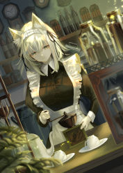 Rule 34 | 1girl, absurdres, animal ear fluff, animal ears, apron, arknights, breasts, cat ears, closed mouth, coffee maker, cup, dutch angle, green eyes, grey hair, hemorina, highres, indoors, jar, juliet sleeves, kal&#039;tsit (arknights), large breasts, long sleeves, looking at viewer, maid, maid headdress, official alternate costume, puffy sleeves, saucer, short hair, smile, solo, white apron