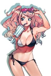 1girl armpits bare_shoulders bikini black_bikini black_nails blonde_hair blue_eyes breasts cleavage collarbone contrapposto cowboy_shot cup danganronpa:_trigger_happy_havoc danganronpa_(series) day drinking_straw eyewear_on_head halterneck holding holding_cup long_hair looking_at_viewer multicolored_bikini multicolored_clothes nail_polish navel rei_(tdn_ng) side-tie_bikini_bottom signature solo stomach string_bikini striped sunglasses sunglasses_on_head swimsuit white_bikini