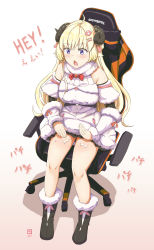 Rule 34 | 1girl, absurdres, ahoge, arm warmers, artist name, black footwear, blonde hair, blush, boots, bow, brooch, chair, chestnut mouth, commentary, detached sleeves, dress, drumming, full body, fur-trimmed arm warmers, fur-trimmed boots, fur trim, gabuillust, gaming chair, gradient background, hair ornament, hairclip, hands on own thighs, highres, hololive, horns, jewelry, long hair, on chair, open mouth, patting lap, pink bow, purple eyes, red bow, sheep girl, sheep horns, signature, simple background, sitting, solo, swivel chair, thighs, translated, tsunomaki watame, tsunomaki watame (1st costume), very long hair, virtual youtuber, white background, white dress