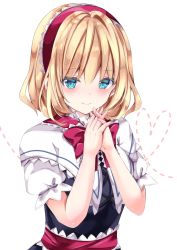 Rule 34 | 1girl, alice margatroid, aqua eyes, blonde hair, blue dress, blush, bow, bowtie, breasts, capelet, closed mouth, cross-laced clothes, dotted line, dress, hair between eyes, hairband, highres, looking at viewer, nanase nao, own hands clasped, own hands together, puffy short sleeves, puffy sleeves, red bow, red bowtie, red hairband, red sash, sash, short hair, short sleeves, simple background, small breasts, smile, solo, touhou, white background, white capelet