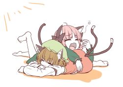 Rule 34 | 2girls, :3, animal ear fluff, animal ears, barefoot, brown hair, cat ears, cat tail, chen, closed eyes, fang, frills, girl on top, hand up, kaenbyou rin, long sleeves, lying, multiple girls, multiple tails, nekomata, on stomach, oninamako, red eyes, short hair, simple background, squeans, sun, tail, toes, touhou, two tails, white background, yawning