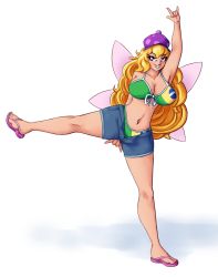 Rule 34 | 1girl, \m/, alternate breast size, alternate costume, arm behind back, arm up, bare legs, bikini, blonde hair, brazilian flag, brazilian flag bikini, breasts, casual, cleavage, clownpiece, collarbone, commentary, english commentary, fairy, fairy wings, flag print, front-tie bikini top, front-tie top, full body, grin, highres, large breasts, long hair, navel, aged up, pink eyes, pink footwear, polka dot headwear, print bikini, purple headwear, sandals, sharp teeth, short shorts, shorts, simple background, smile, smug, solo, spookoarts, spread legs, standing, standing on one leg, swimsuit, tan, teeth, touhou, wavy hair, white background, wings