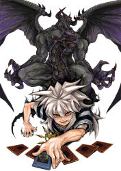 Rule 34 | 1boy, aura, card, chinchira, claws, dark master - zorc, dragon, duel monster, highres, holding, holding card, horns, jewelry, long hair, male focus, millennium ring, monster, necklace, open mouth, red eyes, shirt, silver hair, smile, spiked hair, striped clothes, striped shirt, teeth, tongue, tongue out, veins, white background, white eyes, wings, yami bakura, yu-gi-oh!, yu-gi-oh! duel monsters, zorc necrophades