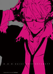 Rule 34 | 1boy, dogs: bullets &amp; carnage, formal, glasses, gloves, haine rammsteiner, headphones, male focus, miwa shirow, monochrome, necktie, shirt, simple background, smile, solo, suit, torn clothes, torn shirt, upper body