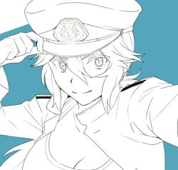 Rule 34 | 10s, 1girl, bad id, bad twitter id, breasts, commentary request, epaulettes, female admiral (kancolle), female focus, gloves, hair between eyes, hand on headwear, hat, ikeshita moyuko, jacket, kantai collection, large breasts, long hair, military, military hat, military uniform, monochrome, peaked cap, reaching, reaching towards viewer, selfie, shiomi kaoru, simple background, sketch, smile, solo, tank top, uniform, upper body