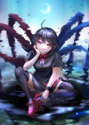 Rule 34 | 1girl, asymmetrical wings, black dress, black hair, black thighhighs, blue wings, bow, bowtie, breasts, buttons, center frills, closed mouth, commentary request, dress, eclipse, expressionless, fog, footwear bow, frilled dress, frills, full body, head rest, houjuu nue, looking at viewer, mary janes, medium breasts, medium hair, pointy ears, red bow, red bowtie, red eyes, red footwear, red wings, shoes, short dress, short sleeves, sitting, solar eclipse, solo, thighhighs, tomoe (symbol), touhou, water, wings, wristband, yakkyokuya