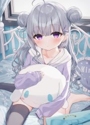 Rule 34 | 1girl, :o, ahoge, barefoot, black thighhighs, blurry, blurry foreground, blush, box, child, commentary request, depth of field, double bun, drawstring, earrings, frilled pillow, frills, gift, gift box, grey hair, hair bun, hair ornament, highres, hood, hood down, hoodie, indoors, jewelry, long sleeves, looking at viewer, no shoes, hugging object, on bed, original, parted lips, pillow, puffy long sleeves, puffy sleeves, purple eyes, purple hoodie, single thighhigh, sitting, sleeves past wrists, solo, stuffed animal, stuffed rabbit, stuffed toy, thighhighs, tsukiman, wariza, window