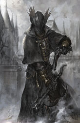 Rule 34 | 1other, absurdres, ambiguous gender, black capelet, black coat, black hat, bloodborne, building, capelet, coat, commentary, grey sky, gun, handgun, hat, highres, holding, holding weapon, hunter (bloodborne), junjiuk, mask, mouth mask, outdoors, saw, saw cleaver, signature, sky, smoke, tricorne, weapon