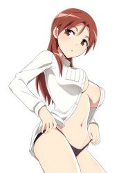 Rule 34 | 1girl, :o, adjusting clothes, adjusting panties, black panties, blush, breast pocket, breasts, brown eyes, brown hair, collared shirt, cowboy shot, dress shirt, from below, long hair, long sleeves, looking at viewer, looking down, medium breasts, minna-dietlinde wilcke, nanashino, navel, no bra, no pants, open clothes, open shirt, panties, parted lips, pocket, shirt, simple background, solo, standing, stomach, strike witches, thighs, unbuttoned, unbuttoned shirt, underboob, underwear, white background, white shirt, wing collar, world witches series