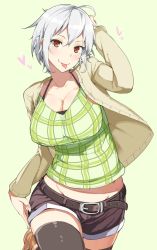 Rule 34 | 1girl, :p, belt, blush, breasts, brown eyes, cleavage, collarbone, hand on own head, huge breasts, midriff peek, moketa, short hair, shorts, silver hair, simple background, smile, solo, thighhighs, tongue, tongue out