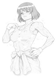 Rule 34 | 10s, 1girl, breasts, clothes around waist, covered erect nipples, dairoku tenma, female focus, girls und panzer, gloves, greyscale, hand on own hip, hoshino (girls und panzer), medium breasts, monochrome, nipples, see-through, short hair, smile, solo, sweat, toned
