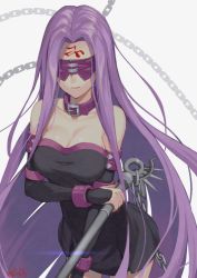 Rule 34 | 1girl, black dress, breasts, chain, cleavage, collar, collarbone, covered eyes, cowboy shot, detached sleeves, dress, fate/stay night, fate (series), floating hair, grey background, holding, holding weapon, leaning forward, long hair, mask, medium breasts, medusa (fate), medusa (rider) (fate), nameless dagger (fate), purple hair, short dress, signature, simple background, sleeveless, sleeveless dress, solo, standing, strapless, strapless dress, tube dress, very long hair, weapon, you06
