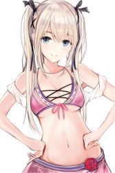 Rule 34 | 1girl, bare shoulders, bikini, bikini top only, black ribbon, blonde hair, breasts, collarbone, dead or alive, dead or alive 5, hair between eyes, hair ornament, hands on own hips, long hair, looking at viewer, marie rose, nannacy7, navel, parted lips, pink bikini, ribbon, sidelocks, simple background, sleeveless, smile, solo, standing, swimsuit, twintails, white background, x hair ornament