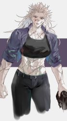 Rule 34 | 1girl, abs, breasts, dorohedoro, earrings, highres, jacket, jewelry, large breasts, long hair, looking at viewer, muscular, muscular female, noi (dorohedoro), open mouth, park ongjol, red eyes, simple background, smile, solo, white hair