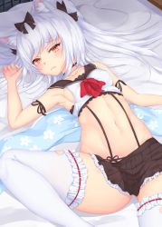 Rule 34 | 1girl, animal ears, arm ribbon, armpits, azur lane, bare shoulders, bed sheet, black bow, black ribbon, blush, bow, breasts, cat ears, choker, covered erect nipples, cropped shirt, embarrassed, fang, fang out, frilled thighhighs, frills, groin, hair bow, hair ribbon, head tilt, highres, knee up, long hair, looking at viewer, lying, medium breasts, navel, on back, on bed, open mouth, orange eyes, pleated skirt, ribbon, sailor collar, shiro usagi, shirt, sideboob, sidelocks, silver hair, skirt, sleeveless, sleeveless shirt, solo, stomach, suspenders, thighhighs, thighs, twintails, white thighhighs, yukikaze (azur lane)