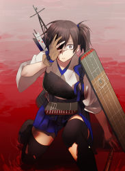 Rule 34 | 10s, 1girl, bad id, bad pixiv id, black thighhighs, blood, blood on face, covering one eye, gloves, harano, kaga (kancolle), kantai collection, looking at viewer, muneate, partially fingerless gloves, partly fingerless gloves, personification, short hair, side ponytail, single glove, solo, tasuki, thighhighs, torn clothes, yugake