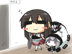 Rule 34 | 10s, 2girls, abyssal ship, akagi (kancolle), black eyes, blush stickers, brown hair, chibi, commentary request, drooling, goma (gomasamune), hood, hoodie, japanese clothes, kadokawa shoten, kantai collection, long hair, multiple girls, muneate, musical note, personification, pleated skirt, purple eyes, quaver, re-class battleship, red skirt, silver hair, sketch, skirt, tail, walking