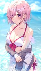 Rule 34 | 1girl, bikini, breasts, cleavage, fate/grand order, fate (series), highres, in water, jacket, jacket partially removed, kuroki (ma-na-tu), looking at viewer, mash kyrielight, mash kyrielight (swimsuit of perpetual summer), medium breasts, nervous, official alternate costume, pink hair, purple eyes, short hair, side-tie bikini bottom, solo, standing, swimsuit, water, wet, white bikini