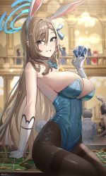 Rule 34 | 1girl, absurdres, animal ears, aqua bow, aqua bowtie, aqua ribbon, arm support, asuna (blue archive), asuna (bunny) (blue archive), bare shoulders, blue archive, blue eyes, blue leotard, blurry, blurry background, blush, bow, bowtie, breasts, brown pantyhose, card, casino, cleavage, cowboy shot, detached collar, elbow gloves, fake animal ears, fake tail, gloves, grin, hair ribbon, halo, hand up, highleg, highleg leotard, highres, holding, holding card, indoors, jeze, large breasts, leotard, light brown hair, long hair, looking at viewer, pantyhose, playboy bunny, playing card, poker chip, rabbit ears, rabbit tail, ribbon, smile, solo focus, strapless, strapless leotard, tail, thighband pantyhose, white gloves