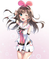 Rule 34 | 1girl, ;d, blue eyes, brown hair, collarbone, cowboy shot, detached sleeves, floating hair, garglin, gradient background, hairband, highres, kizuna ai, kizuna ai inc., long hair, looking at viewer, midriff, navel, one eye closed, open mouth, pink hairband, shirt, short shorts, shorts, sleeveless, sleeveless shirt, smile, solo, standing, stomach, very long hair, virtual youtuber, white shirt, white shorts