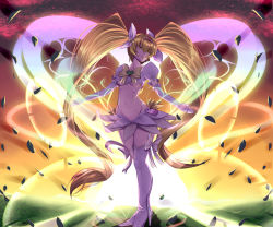 Rule 34 | 10s, 1girl, backlighting, blonde hair, boots, bow, breasts, brooch, closed mouth, cure sunshine, cure sunshine (super silhouette), debris, detached sleeves, frilled sleeves, frills, glowing, hair between eyes, hair ribbon, harihisa, heart, heart brooch, heartcatch precure!, high heel boots, high heels, jewelry, light frown, long hair, magical girl, midriff, myoudouin itsuki, no choker, outstretched arms, precure, puffy short sleeves, puffy sleeves, ribbon, short sleeves, skirt, solo, standing, twintails, underboob, very long hair, white bow, yellow bow, yellow eyes