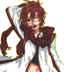 Rule 34 | 1boy, akaito, akio (89e), bad id, bad pixiv id, fangs, glasses, lowres, male focus, microphone, one eye closed, red eyes, red hair, scarf, smile, solo, vocaloid, wink
