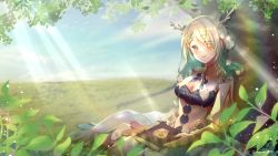 Rule 34 | 1girl, antlers, blue sky, blush, book, braid, braided bangs, branch, breasts, ceres fauna, cleavage, cloud, flower, goo-yan (ogura tomomi), green hair, hair flower, hair ornament, hololive, hololive english, horns, leaf, long hair, looking at viewer, medium breasts, mole, mole under eye, outdoors, single braid, sitting, sky, smile, solo, sunlight, tree, virtual youtuber, yellow eyes