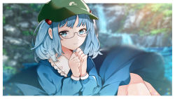 Rule 34 | 1girl, bespectacled, blue eyes, blue hair, blue shirt, blurry, blurry background, collared shirt, eyelashes, flat cap, frilled shirt collar, frills, glasses, hair bobbles, hair ornament, hands on own chest, hat, highres, hyaku paasento, kawashiro nitori, long sleeves, looking at viewer, medium hair, puffy sleeves, round eyewear, shirt, short twintails, sidelocks, smile, solo, touhou, twintails, two side up, water, waterfall