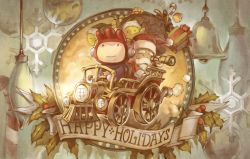 Rule 34 | 1boy, bell, candy, candy cane, car, christmas, edison yan, elf, english text, food, gift, hat, holly, locomotive, maxwell (scribblenauts), motor vehicle, ornament, pointy ears, sack, santa claus, scribblenauts, smile, snowflakes, steam locomotive, telescope, train, vehicle