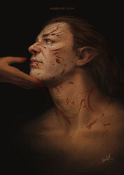 Rule 34 | 1boy, baldur&#039;s gate, baldur&#039;s gate 3, black background, blood, blood on face, brown hair, brown theme, cropped torso, dark-skinned male, dark skin, dungeons &amp; dragons, elf, halsin, hand on another&#039;s chin, looking at another, male focus, mature male, medium hair, naariel art, nude, parted lips, pointy ears, profile, solo focus, sparse chest hair, thick eyebrows