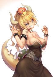 Rule 34 | 1girl, armlet, bare shoulders, black dress, blonde hair, blue eyes, bowsette, bracelet, breasts, cleavage, dress, highres, horns, jewelry, large breasts, looking at viewer, mario (series), new super mario bros. u deluxe, nintendo, ponytail, ruochongsang, spiked armlet, spiked bracelet, spikes, strapless, strapless dress, super crown, tail, turtle shell, white background