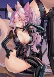 Rule 34 | 1girl, animal ear fluff, animal ears, ass, black bodysuit, blush, bodysuit, bow, breasts, center opening, choker, cleavage, crossed legs, fate/grand order, fate (series), fox ears, fox girl, fox tail, glasses, hair between eyes, hair bow, highres, hip vent, koyanskaya (assassin) (first ascension) (fate), koyanskaya (fate), large breasts, long hair, looking at viewer, multiple views, obiwan, pink bow, pink hair, ponytail, sidelocks, sitting, smile, tail, tamamo (fate), thick thighs, thighs, yellow eyes