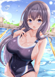Rule 34 | 1girl, bare arms, bare shoulders, black hair, black one-piece swimsuit, blue eyes, blue sky, blush, breasts, cleavage, cloud, collarbone, commentary request, competition swimsuit, covered navel, day, hair between eyes, hand up, highres, large breasts, long hair, looking at viewer, misumi aoi, one-piece swimsuit, ongeki, open mouth, outdoors, pool, sky, solo, swimsuit, very long hair, water, water drop, xenon (for achieve)