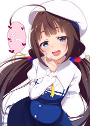 Rule 34 | 10s, 1girl, ahoge, beret, blue eyes, blunt bangs, blush, brown hair, hat, highres, hinatsuru ai, long hair, looking at viewer, low twintails, natsumi akira, open mouth, pregnant, ryuuou no oshigoto!, school uniform, simple background, smile, solo, third-party edit, twintails, white background
