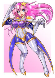 Rule 34 | 00s, 1girl, blue eyes, bodysuit, boots, breasts, covered erect nipples, formal, gloves, gundam, gundam seed, gundam seed destiny, hair ornament, highres, latex, leotard, long hair, looking at viewer, meer campbell, oomasa teikoku, open mouth, pink hair, skin tight, smile, solo, star (symbol), star hair ornament, suit, thigh boots, thighhighs, white footwear, white thighhighs