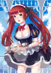 Rule 34 | + +, 1girl, apron, blue eyes, bow, breasts, cleavage, cup, hair bow, juliet sleeves, long sleeves, maid, maid apron, maid headdress, moe2015, original, puffy sleeves, red hair, solo, symbol-shaped pupils, teacup, teapot, thighhighs, tray, twintails, white thighhighs