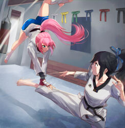 2girls aqua_eyes barefoot belt bike_shorts black_belt black_hair blue_bow blue_eyes blue_shorts borrowed_character bow brown_belt collarbone commentary commission counter day dojo dougi english_commentary feet feet_out_of_frame fingerless_gloves foot_out_of_frame garter_belt gloves hair_flowing_over indoors jumping kicking light_rays long_bangs long_hair looking_at_another messy_hair multiple_girls ohxs original pink_hair ponytail punching_bag red_gloves shadow shion_aoyama shorts soles stirrup_legwear surprised susan_grace taekwondo toeless_legwear white_belt white_gloves yellow_belt