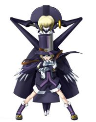 Rule 34 | 1boy, 1girl, arc system works, blazblue, blazblue: calamity trigger, blonde hair, blue eyes, boots, cape, carl clover, child, dress, empty eyes, fighting stance, glasses, gloves, hat, mori toshimichi, nirvana (blazblue), official art, open mouth, puppet, purple footwear, robot, round eyewear, short hair, shorts, simple background, spread legs, standing, strap, top hat, white eyes