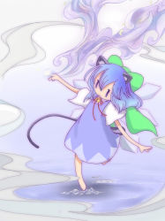 Rule 34 | 1girl, animal ears, barefoot, bell, blue dress, blue hair, bow, cat ears, cat tail, cirno, dress, hair bow, jingle bell, kemonomimi mode, large bow, matsu, outstretched arms, pinafore dress, ribbon, sleeveless dress, solo, spread arms, tail, touhou, wings, | |