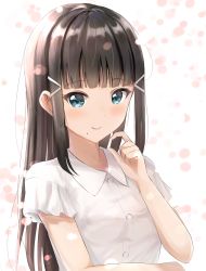 Rule 34 | 1girl, absurdres, blue eyes, blunt bangs, brown hair, closed mouth, collared shirt, commentary request, dress shirt, hair ornament, hairclip, hand up, highres, kurosawa dia, long hair, love live!, love live! sunshine!!, mole, mole under mouth, shirt, short sleeves, sidelocks, sin (sin52y), smile, solo, upper body, very long hair, white background, white shirt