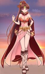 Rule 34 | absurdres, breasts, brown hair, cape, dress, earrings, fire emblem, fire emblem: mystery of the emblem, headband, highres, jewelry, large breasts, linde (fire emblem), long hair, looking at viewer, ponytail, red eyes, sandals, smile, sunset, thighs, very long hair