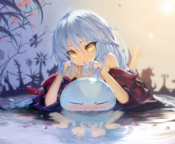 Rule 34 | 10s, 1other, androgynous, blue hair, blush, closed eyes, gradient background, hair in own mouth, hands on own face, long hair, lying, mouth hold, off shoulder, on stomach, reflection, rimuru tempest, ripples, slime (creature), solo, tensei shitara slime datta ken, undeedking, yellow eyes