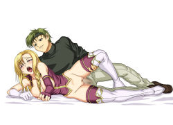Rule 34 | 1boy, 1girl, blonde hair, boots, bottomless, breastless clothes, breasts, censored, elbow gloves, fingerless gloves, fire emblem, fire emblem: the blazing blade, gloves, hetero, long hair, louise (fire emblem), mosaic censoring, nintendo, nipples, open mouth, penis, sain (fire emblem), saliva, sex, sweat, syunzou, tears, thigh boots, thighhighs, vaginal